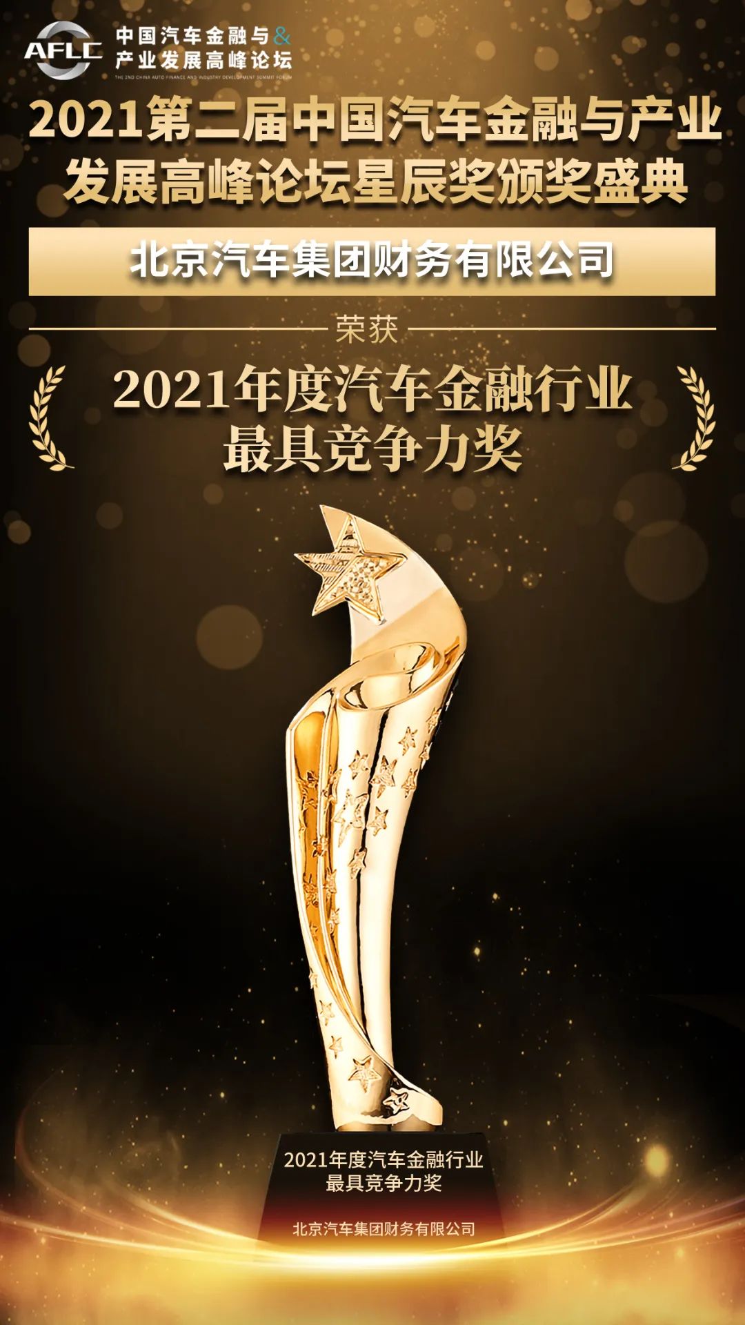 喜報！北汽財務(wù)公司榮獲2021年度汽車金融行業(yè)最具競爭力獎